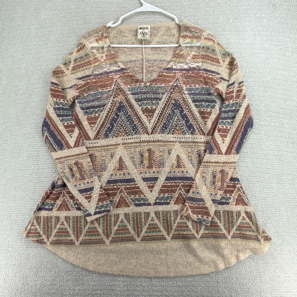 Vocal Southwestern Aztec Tunic Top Women's M Lace Rhinestone Boho Western USA